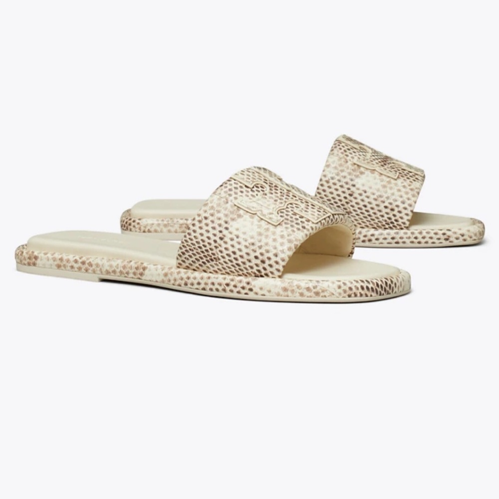 Tory Burch Double T Leather Snake Embossed Smoke Roccia Slides - Picture 9 of 9